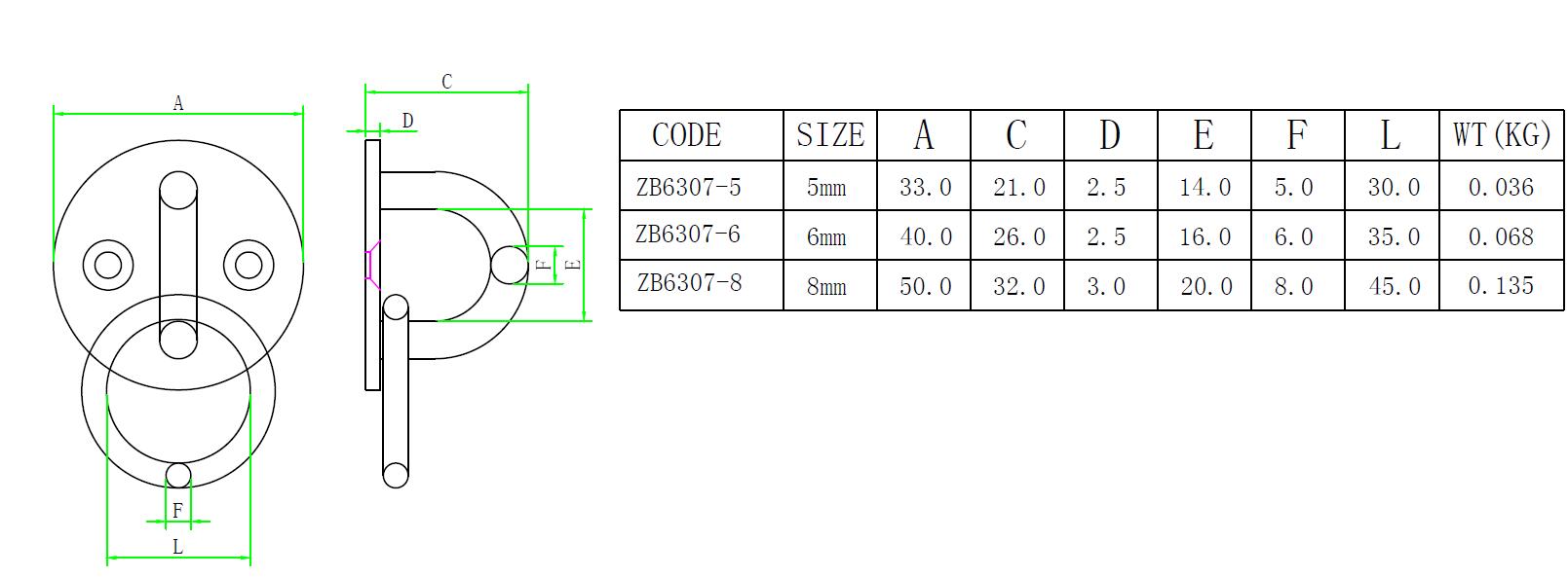 Diagrama dimensional y especificaciones de la placa de ojo de almohadilla redonda de acero inoxidable