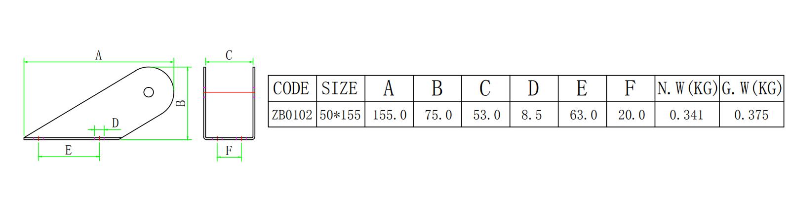 Dimensional Diagram of 50*155mm Anchor Bracket Техническая габаритная диаграмма, показывающая размеры носового анкерного ролика из нержавеющей стали размером 50x155 мм.